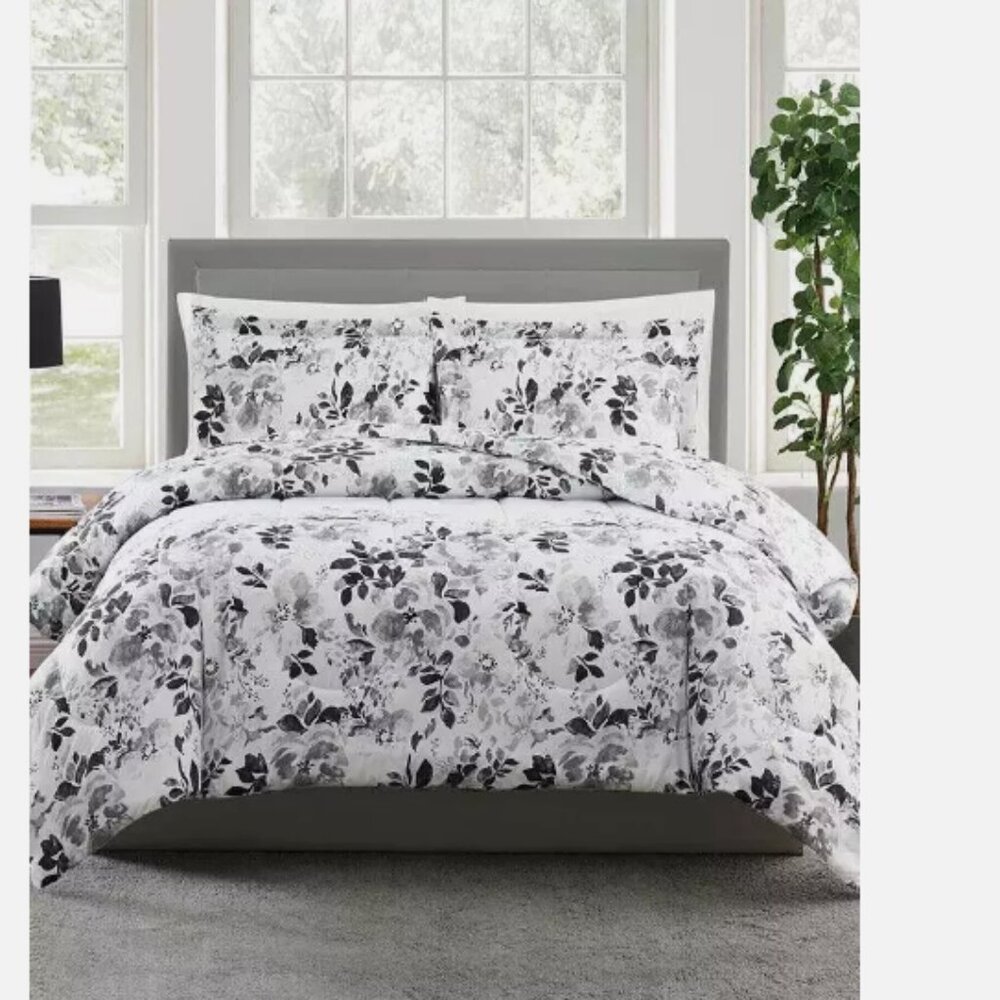 Pem America Monochromatic Floral Print Comforter + Sham Set, BLACK,WHITE, QUEEN